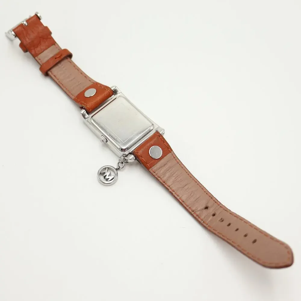 Michael Kors Taylor Tank 26mm Silver Tone Watch Brown Leather w New Battery